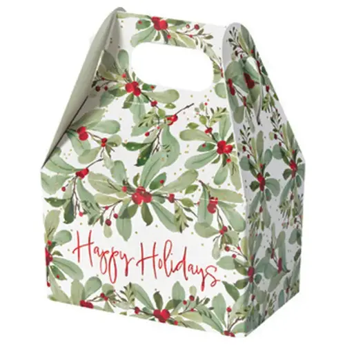 Holiday Berries mini gable box — watercolor greenery and red berries on white, die-cut top carry handle