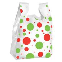Holiday Dots T-shirt bag — white hi-density poly with red and green polka dot print, die-cut handles, made in USA