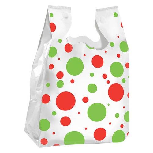 Holiday Dots T-shirt bag — white hi-density poly with red and green polka dot print, die-cut handles, made in USA