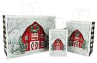 White kraft paper shopping bag with holiday farmhouse seasonal print, twisted paper handles, small size, full case
