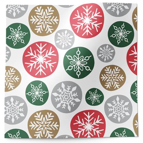Holiday flakes tissue paper with snowflake medallions in red, green, gold and gray on white