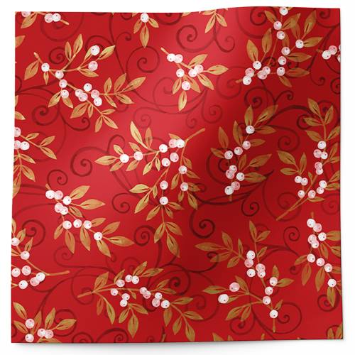 Holiday floral tissue paper with gold trailing berry and leaf vines on deep red