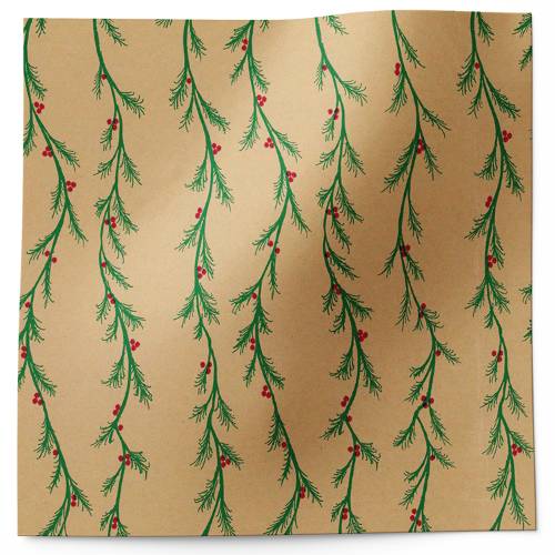 Holly Garland Printed Tissue tissue paper — Green holly leaf garlands with drooping vine pattern on white/cream background