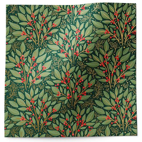 Holly tapestry tissue paper with dense holly and red berries on deep forest green