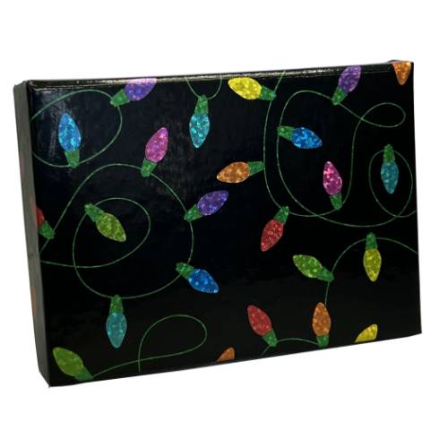 Holographic Lights pop-up gift card box 4 5/8" x 3 3/8" x 5/8" — pops open to display a gift card, black with holographic string-light bulbs