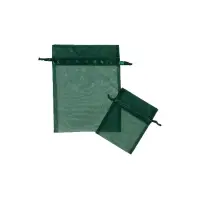 Hunter organza bag 3x4 - sheer drawstring pouch in a deep forest-green weave, shown upright with a second bag laid in front
