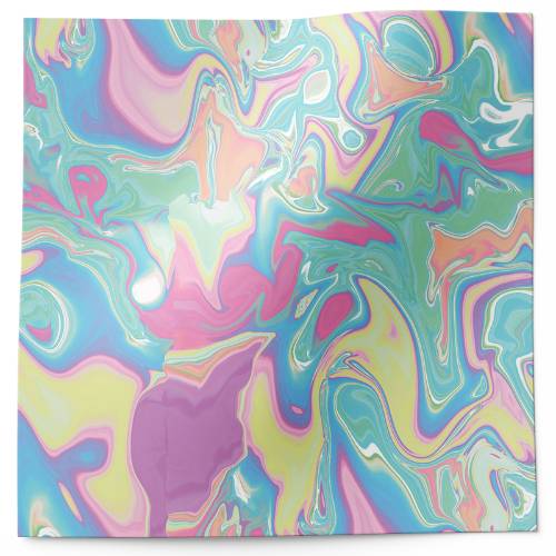 Iridescent tides tissue paper with flowing marbled swirls in pastel pink, blue and green