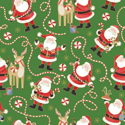 Jolly Santa Green Gift Wrap Paper - cheerful jolly Santa faces, candy canes, and holly scattered on a green background