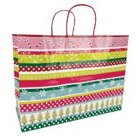 White kraft paper shopping bags with jolly stripe print design and twisted paper handles