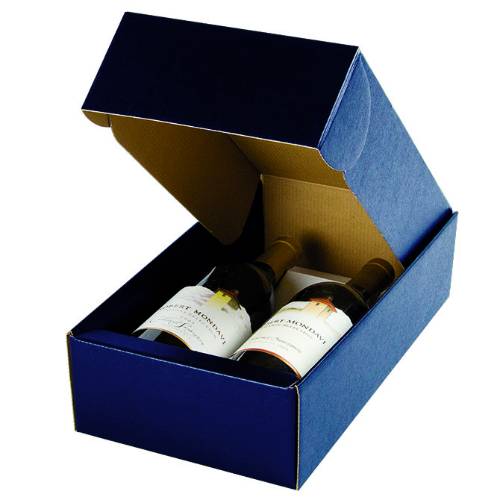 Juta Blu wine bottle box 7.2x3.5x13.4, hinged-lid gift box with full-length insert dividers holding 2 bottles, matte navy linen finish