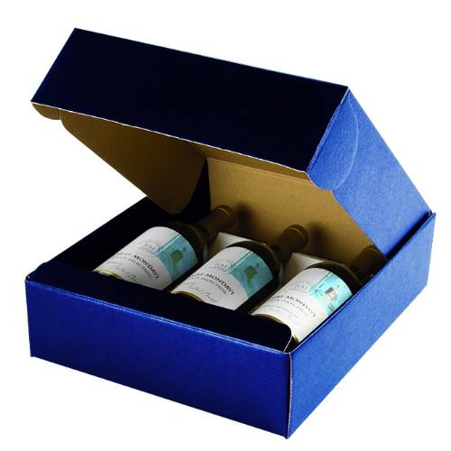 Juta Blu wine bottle box 11x3.5x13.4, hinged-lid gift box with full-length insert dividers holding 3 bottles, matte navy linen finish