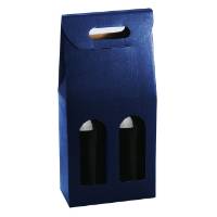 Juta Blu wine bottle carrier 7x3.5x15, upright folding carrier with die-cut handle and 2 arched bottle windows, matte navy linen finish