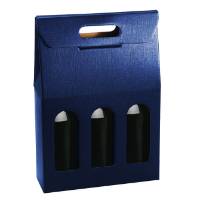 Juta Blu wine bottle carrier 10.6x3.5x15, upright folding carrier with die-cut handle and 3 arched bottle windows, matte navy linen finish