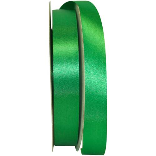 Kelly Green Dyna Satin ribbon on a flat spool — single-face satin with taffeta back, 7/8" width, 100 yards
