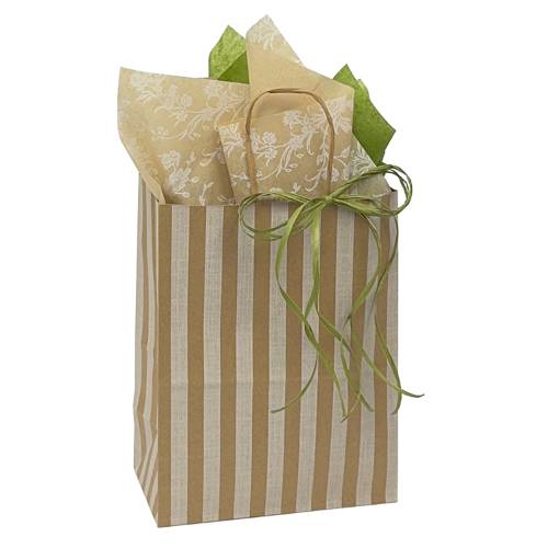 Medium kraft paper shopping bag with white vertical stripes, twisted paper handles, styled with floral tissue paper