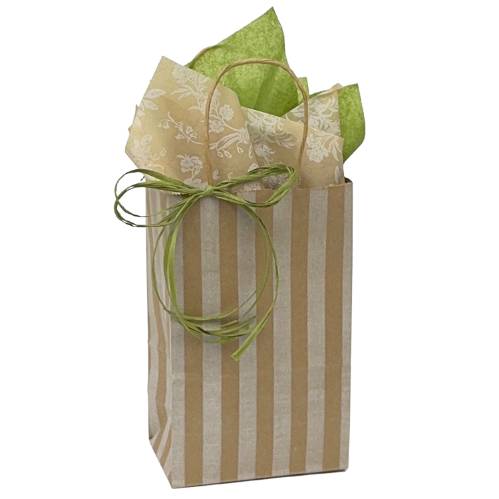 Small kraft paper shopping bag with white vertical stripes, twisted paper handles, and green raffia bow accent