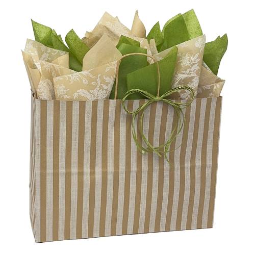 Wide kraft paper shopping bag with white vertical stripes, twisted paper handles, filled with green and floral tissue