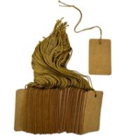 Kraft string tags — small blank kraft paper tags with punched holes and twisted kraft strings, shown stacked with one hanging