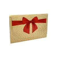 Krafty Bow gift card folder 5" x 3 3/8" x 1/8" — slim tuck-close sleeve, natural kraft with printed red bow, holds a standard gift card