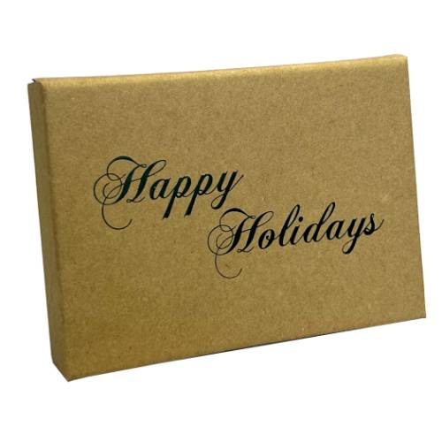 Krafty Holidays gift card box shown closed — natural kraft box with Happy Holidays in flowing dark green calligraphy script