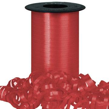 Hot Red curling ribbon on a cylindrical spool — flat polypropylene, 3/8" width, 250 yards