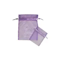 Lavender organza bag 3x4 - sheer drawstring pouch in a pale muted-purple weave, shown upright with a second bag laid in front
