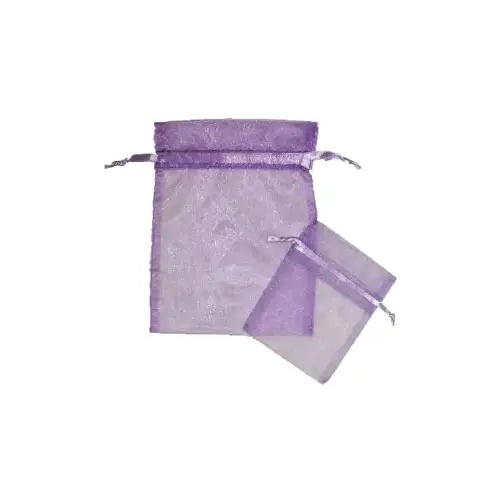 Lavender organza bag 4x5.5 - sheer drawstring pouch in a pale muted-purple weave, shown upright with a second bag laid in front