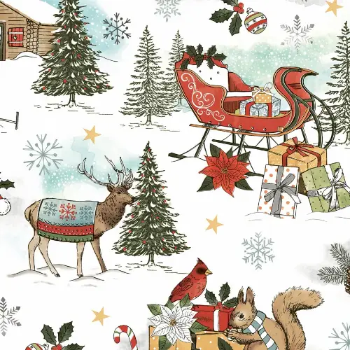 Leia Gift Wrap Paper with vintage Christmas scene with red sleigh, reindeer, cardinal, and gifts in snow