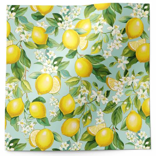 Lemon tree printed tissue paper with yellow lemons, green leaves, and white blossoms
