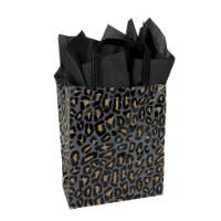 Tan and black leopard print on a frosted poly shopping bag with soft loop handles — 8 x 4 x 10