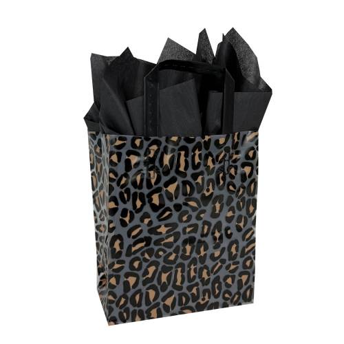 Tan and black leopard print on a frosted poly shopping bag with soft loop handles — 8 x 4 x 10