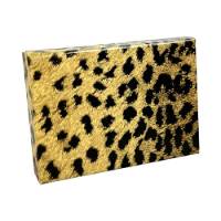 Leopard pop-up gift card box 4 5/8" x 3 3/8" x 5/8" — pops open to display a gift card, gold and black leopard print