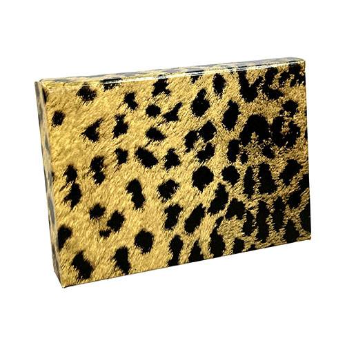 Leopard pop-up gift card box 4 5/8" x 3 3/8" x 5/8" — pops open to display a gift card, gold and black leopard print