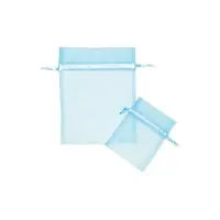 Light Blue organza bag 3x4 - sheer drawstring pouch in a pale sky-blue weave, shown upright with a second bag laid in front