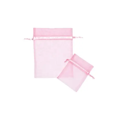 Light Pink organza bag 3x4 - sheer drawstring pouch in a pale blush-pink weave, shown upright with a second bag laid in front