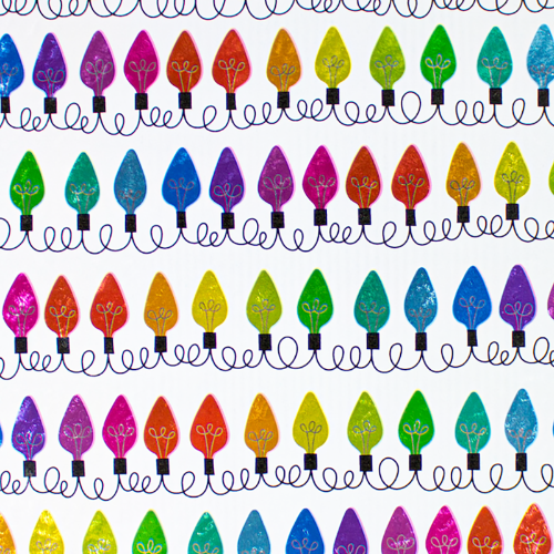Lighten Up Gift Wrap Paper - white background with colorful Christmas string-light bulbs