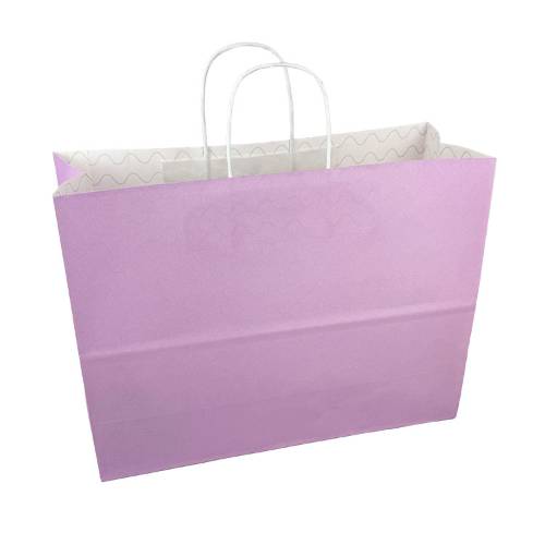 Lilac kraft paper shopping bag with white interior and white twisted paper handles — 16 x 6 x 12