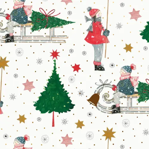 Lilli Gift Wrap Paper with storybook children on sleds with Christmas trees and stars on white