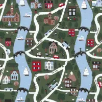 Little Village Gift Wrap Paper with illustrated village map with streets, rivers, houses, cars, and boats on green