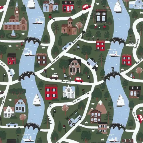 Little Village Gift Wrap Paper with illustrated village map with streets, rivers, houses, cars, and boats on green