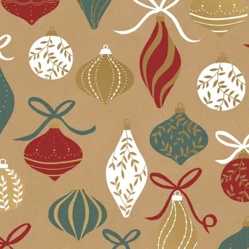 Lorena Kraft Gift Wrap Paper with vintage red, green, and gold ornaments with bows on natural kraft