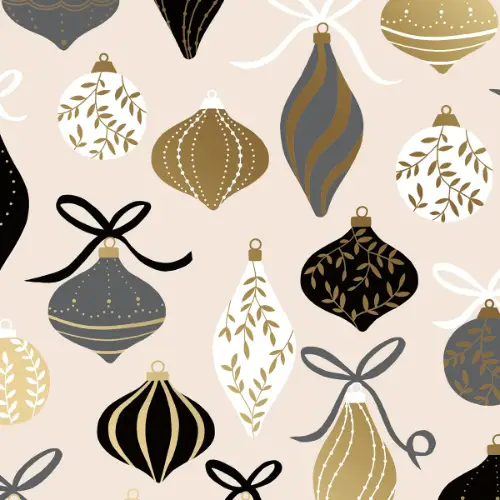 Lorena Metallic Gift Wrap Paper with vintage black, gray, and gold ornaments with bows on champagne cream