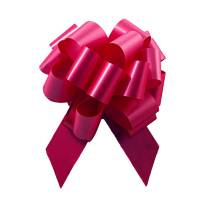 Magenta pom style pull bow shown fully gathered, with looped smooth poly ribbon and two pointed tail streamers