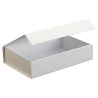 Matte white magnetic apparel box 11.4" x 7.5" x 2" — rigid wide box with a hinged magnetic snap-close lid, shown open, matte white finish