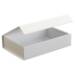 Matte white magnetic apparel box 11.4" x 7.5" x 2" — rigid wide box with a hinged magnetic snap-close lid, shown open, matte white finish