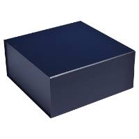 Navy matte magnetic box shown closed — square rigid fold-flat gift box in deep ink-blue flat finish with hidden magnet flap