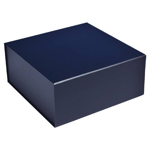Navy matte magnetic box shown closed — square rigid fold-flat gift box in deep ink-blue flat finish with hidden magnet flap