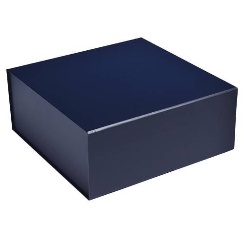Matte navy square magnetic box shown closed — rigid gift box in uniform dark navy laminate with soft sheen and magnetic flap