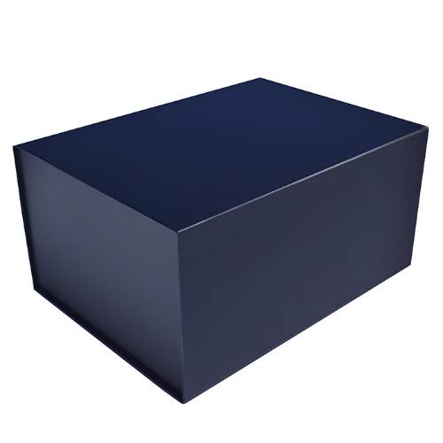 Deep matte navy magnetic box — tall rectangular rigid gift box shown closed, dark navy blue flat laminate with magnetic flap