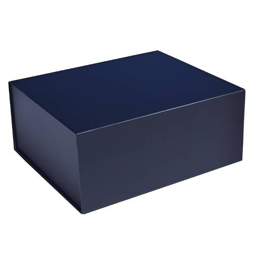 Tall matte navy magnetic gift box shown closed — deep rectangular rigid box in smooth midnight-blue matte finish with magnets